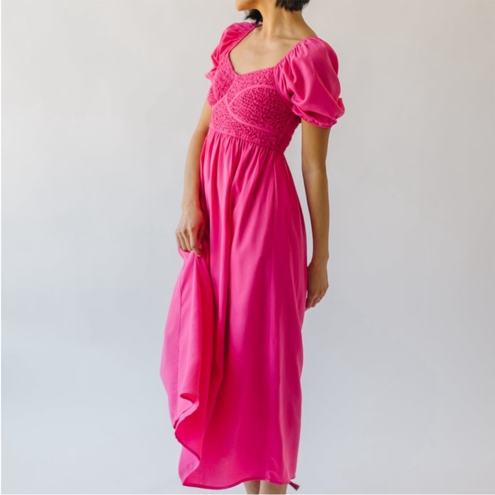 Cabrilo Smocksd Detail Midi Dress in Fichsia